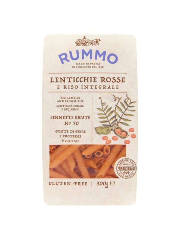 Rummo penne rigate tészta vöröslencséből és barnarizsből 300 gr